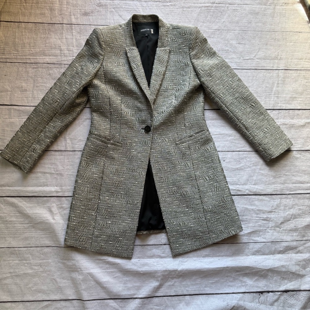 Lafayette 148 New York Size 6 Gray Silver Metallic Longline Blazer 1 Button